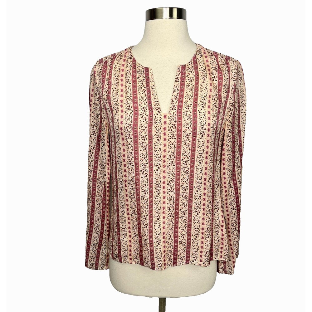 J.Crew VTG 100% Silk Split Neck Top Pink Floral Stripe Sz S Y2K Indie Boho